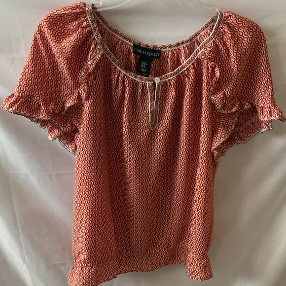 CYNTHIA ROWLEY Ruffled Printed Top in Red/Mustard Sz MEDIUM - Picture 2 of 4